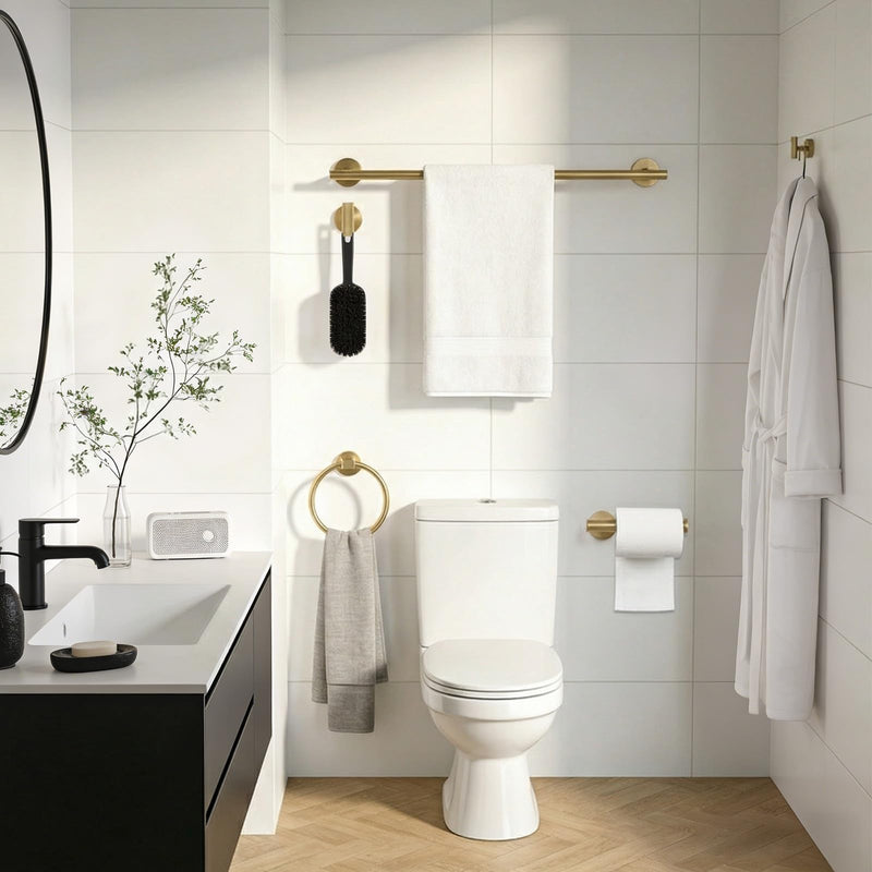 5-Piece Brushed Gold Bathroom Hardware Set, SUS304 Stainless Steel Wall Mounted Bathroom Accessories, 24 Inch Towel Bar, Towel Ring, Toilet Paper Holder, 2 Hooks, Rustproof Modern Bathroom Fixtures