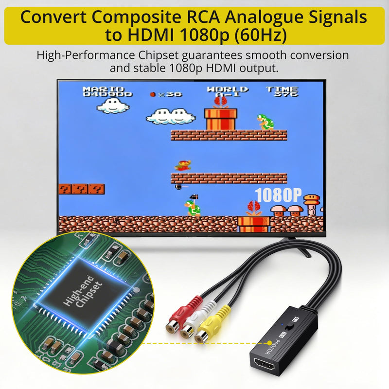 PROZOR RCA to HDMI Converter - 4:3/16:9 Switch, 1080P AV to HDMI Adapter | Mini Composite CVBS Audio Video Adapter, for PS1/PS2/N64/Wii/Xbox and VCR/VHS/DVD Players to HDTV, Plug & Play