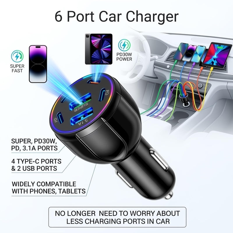 2026 Upgraded 6 Port Car Charger USB C & USB A,75W Fast Car Charger Adapter for Super/PD30W/PD/3.1A,12V/24V Cars Cigarette Lighter Chargers Cars Chargers Port for Phones,Tablets 6 Ports