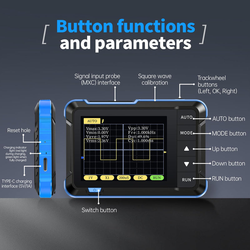 FNIRSI DSO152 Handheld Oscilloscope - 2.8" TFT Digital Oscilloscope Kit 200KHz Bandwidth 2.5MS/s High Sampling Rate Portable Pocket Oscilloscope, Trigger Function Auto/Nomal/Single Blue