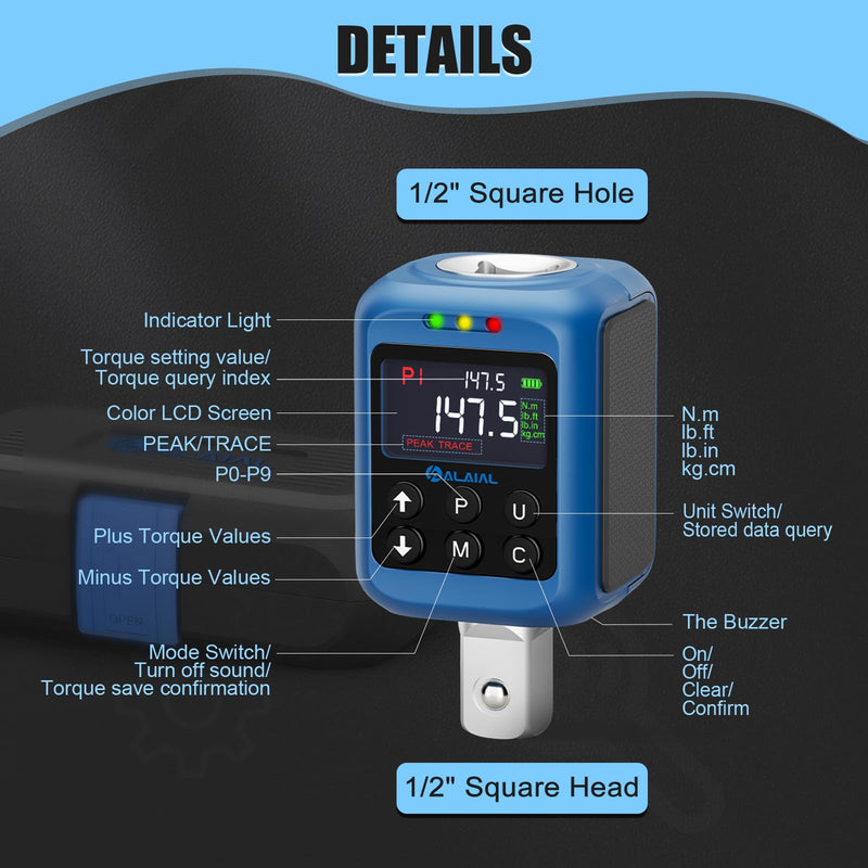 Digital Torque Adapter 1/2", 2.2-147.5 Ft-lb/3-200 Nm, Digital Torque Wrench Converter with ±2% Accuracy, Buzzer and LED Indicator, 2 Modes, 4 Units, 3/8'' & 1/4'' Adapters for Car, Moto