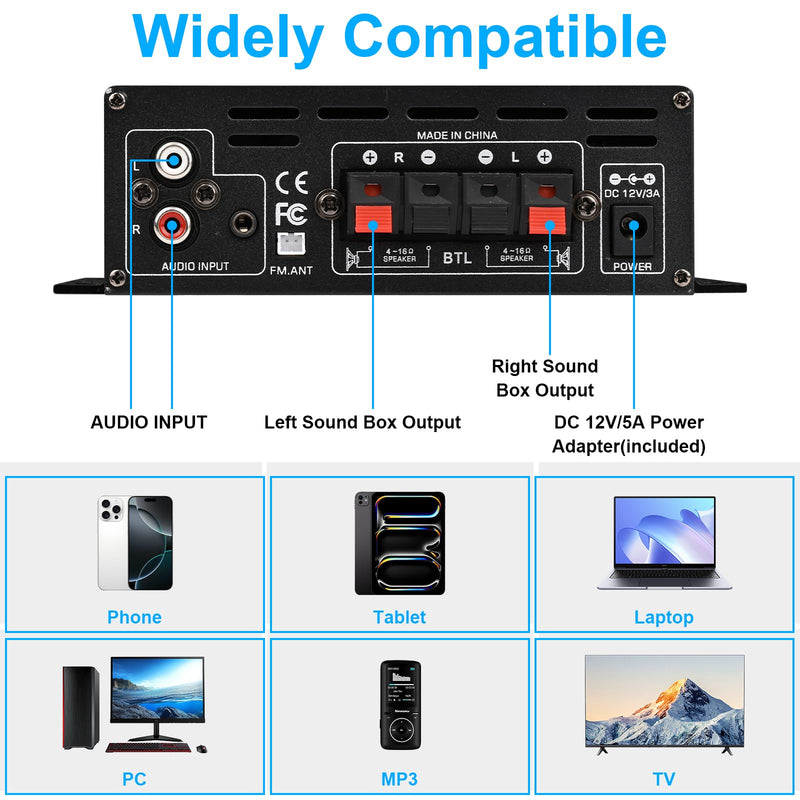 Stereo Audio Amplifier, 2.0 CH Mini HiFi Stereo AMP Bluetooth 5.0 Amp Receiver with 400W+400W, FM, AUX, USB, Microphone Input, 12V 5A Power Supply, Power Amplifier for Car Home Bar Party 400W*2