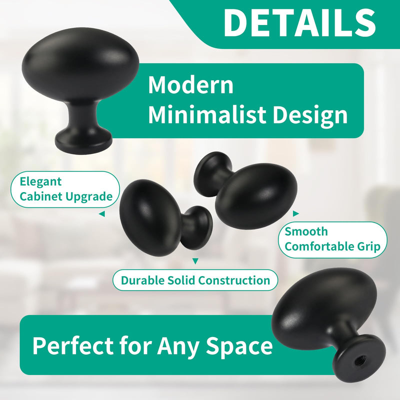 10 Pack Oval Cabinet Knobs, 1-1/3 Inch Zinc Alloy Drawer Knobs, Matte Black Cabinet Hardware for Kitchen Cabinets, Bathroom, Dresser and Vanity 10