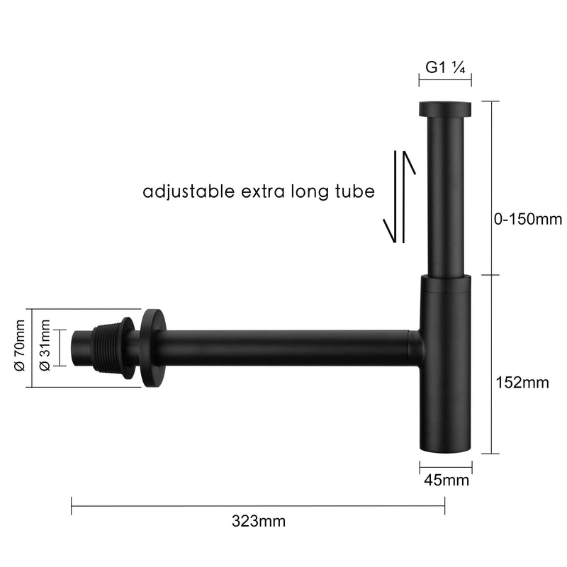 All Brass Round Bottle P Trap, 1 1/4 Bathroom Basin Sink Waste Trap Drain Tube Kit Extra Long Slip Joint Extension Tube Tailpiece for Sink Drain, Adjustable Height Matte Black