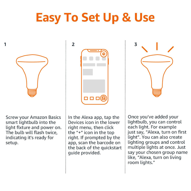 Amazon Basics Smart BR30 LED Light Bulbs, Color Changing, 9W (60W Equivalent), 800LM, Energy Efficient, Voice Control, Works with Alexa Only, 2.4 GHz Wi-Fi, No Hub Required, 4-Pack 4 Pack