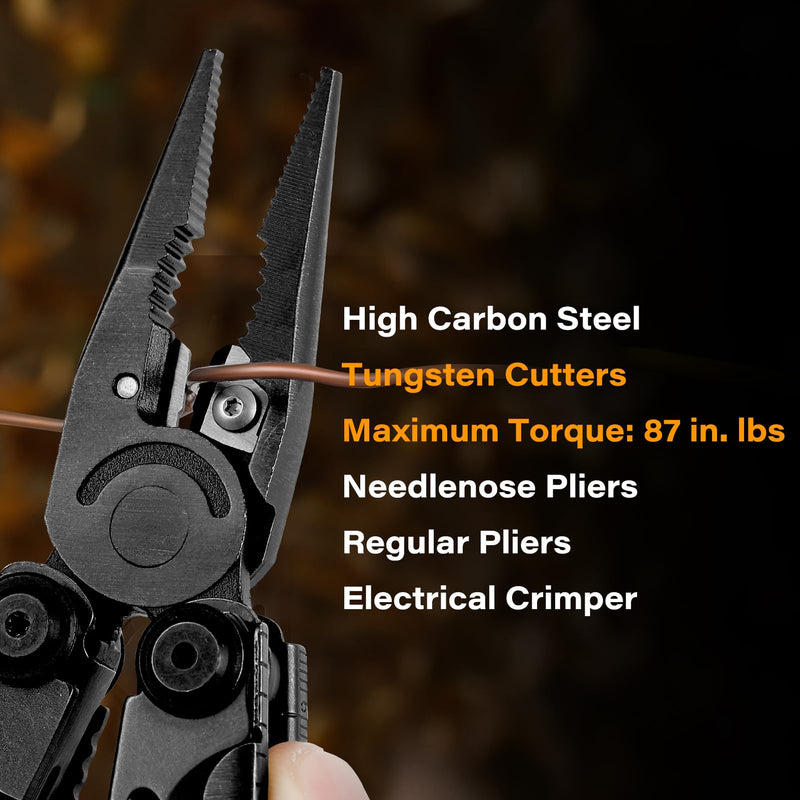 21-in-1 Scissors & Pliers Multitool w/Tungsten Cutters, Self-Locking | Durable Heavy-duty EDC Kit for Camping, Repair, DIY & Outdoor Survival, Nylon Pouch (Black) Black w/ Tungsten-21 in 1
