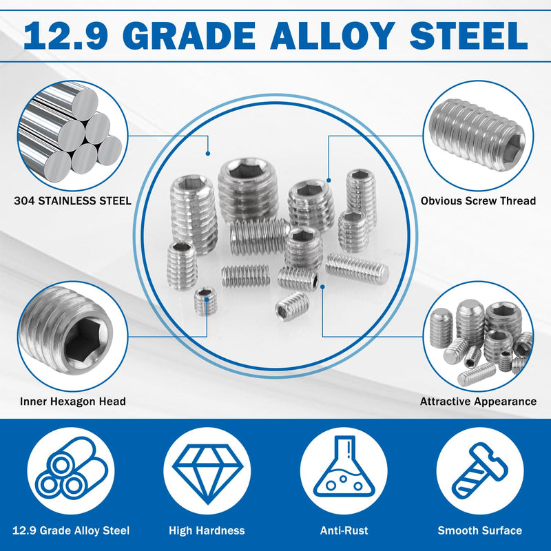 2000PCS Set Screws, 26 Sizes Metric & Sae Set Screw Assortment Kit, Allen Head Hex Socket Head Grub Screws for Bathroom Fixtures, Door Handles, 304 Stainless Steel (M3-M8, 1/8"-40 to 5/16"-18) 2000PCS-Silver