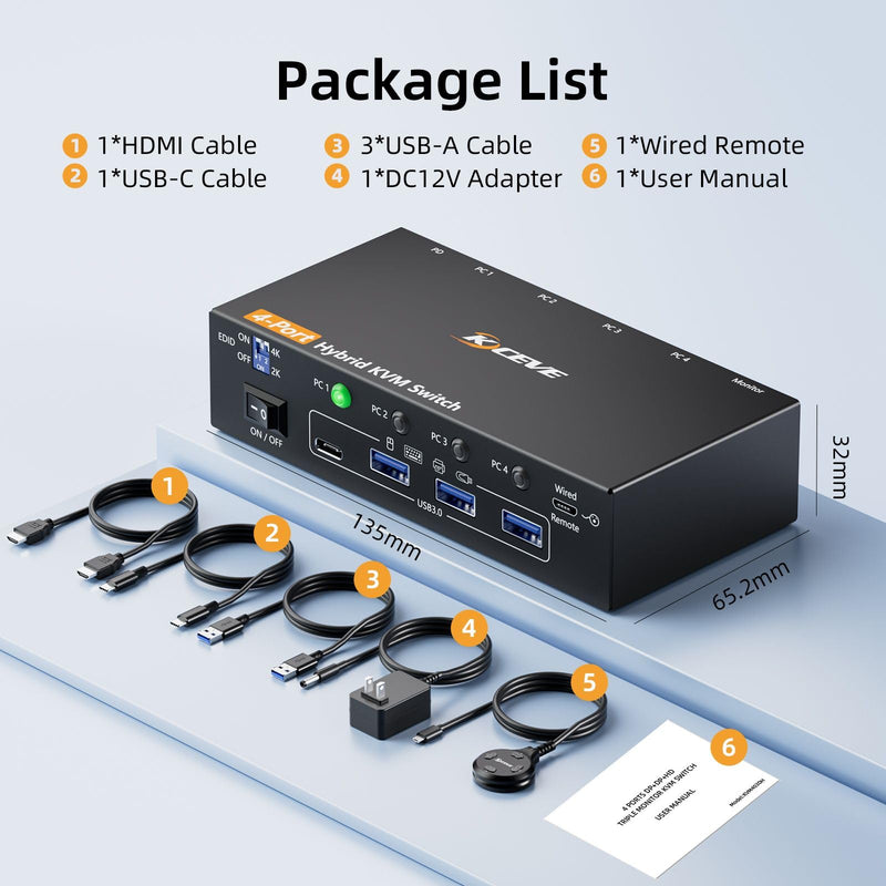 4 Ports Hybrid KVM Switch(USBC+DP+2HDMI Input),USB C HDMI DP 4 Computer 1 Monitors KVM Switch Allow 4 PC Share 1 Monitors and 4 USB Devices Such as Keyboard Mouse Printer 4K 4 PC 1 monitor USBC+HDMI+DP