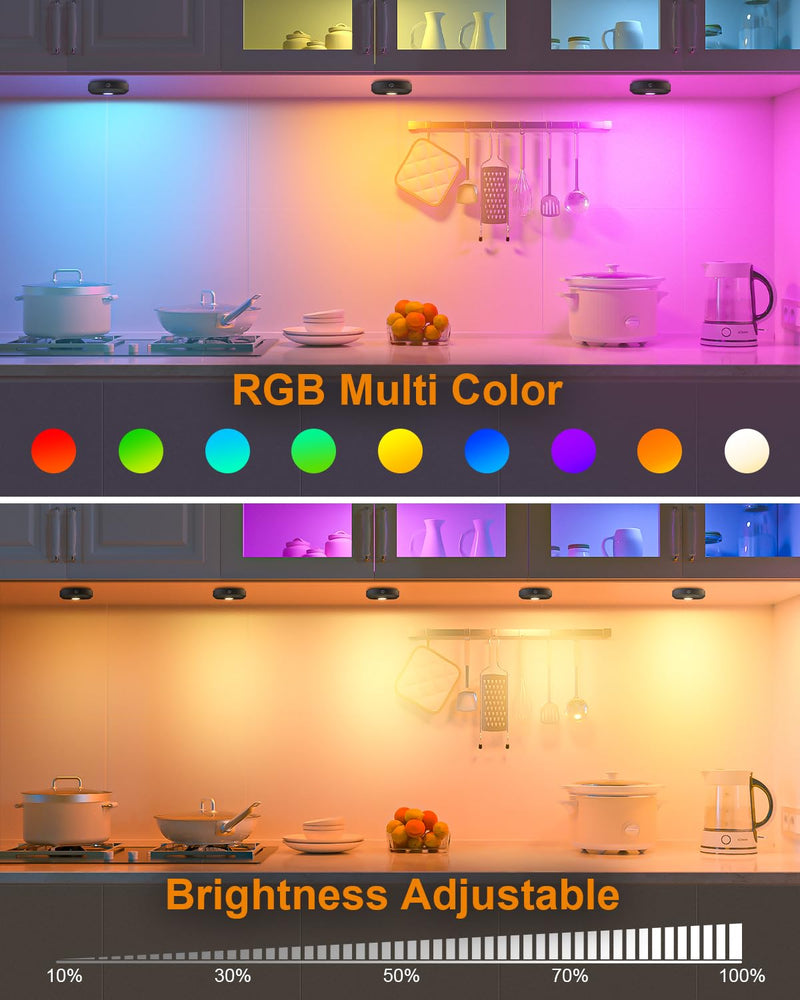 WILLED Under Cabinet Lighting Wireless,RGB Rechargeable Puck Lights with Remote Control,Battery Touch Tap Light with Timer Function,Stick On LED Lights for Kitchen,Cabinet,Counter,Closet,Shelf,6 Pack 6 Pack RGB Multicolor