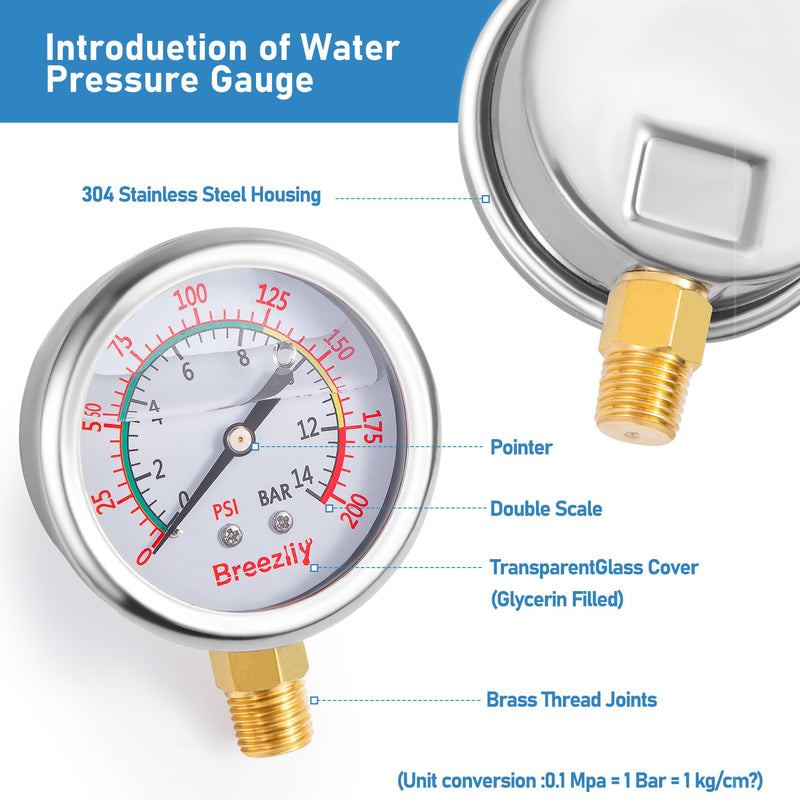 Water Test Pressure Gauge Kit,2.5" Dial+12" EPDM Rubber+1/4" Lead-Free Valve+1/4 to 3/4 Adapter,0-200PSI/0-1.4MPA（Stainless Steel/Color）,Blue Kit Kit | Blue