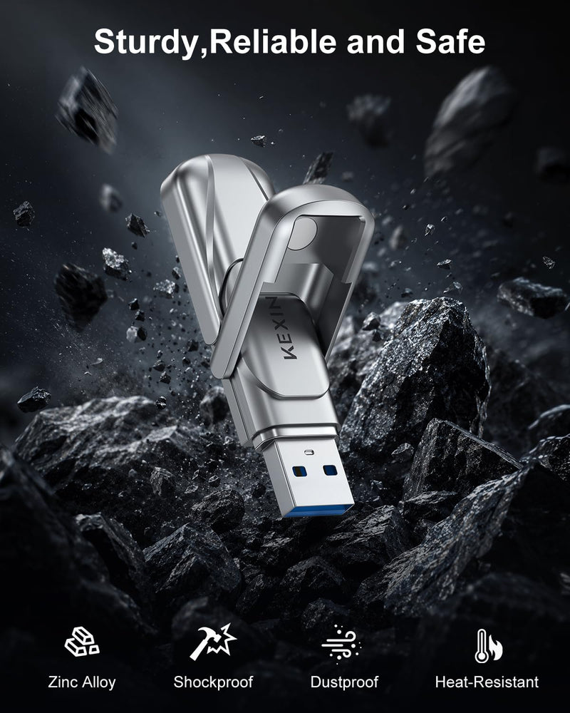 KEXIN 128GB Type C Solid State Drive up to 450MB/s USB 3.2 Gen 1 Dual USB A & USB C Flash Drive Metal for iPhone 15/16/17 Android Smartphone Tablet Game Console Windows Mac 128G silver
