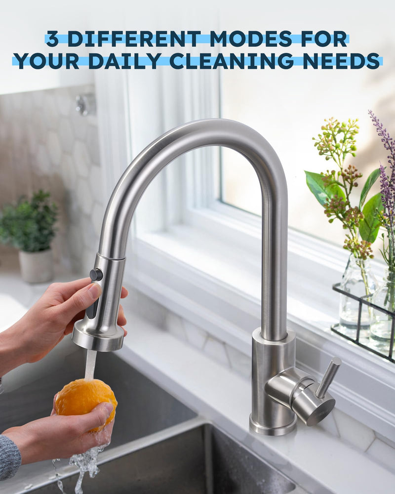 Stainless Steel Kitchen Faucet Head: ARCORA 3-Function Kitchen Faucet Head Replacement with 13 Adapters - Brushed Nickel Pull Down Spray Head Compatible with Moen, Delta, American Standard Faucets Stainless Steel