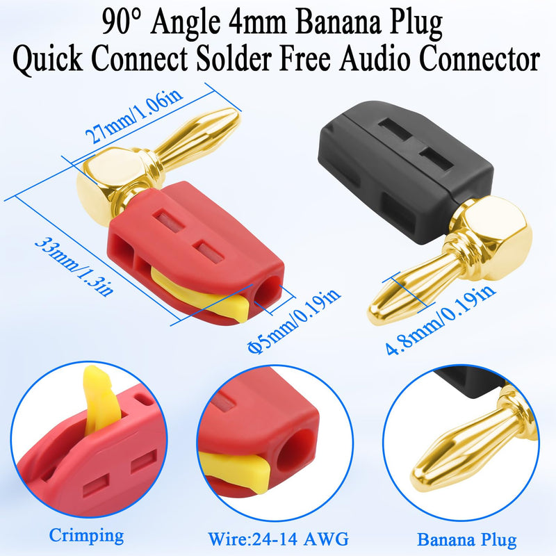 QIANRENON 90° 4mm Banana Plug Quick Connect Connector Gold Plated 6 Leaf Banana Plug solderless Right Angle Audio Adapter High Current 32A, for DIY Hi-Fi Speaker Amplifier, Red + Black