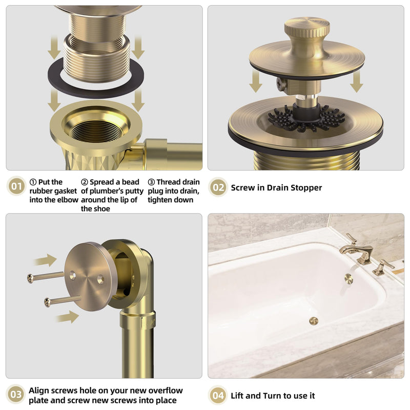 Champagne Brushed Gold Bronze Bathtub Drain, Hair Catcher and 2-Hole Overflow Faceplate, 11.5/16 UNC, Lift and Turn Bathtub Drain Replacement, Tub Drain Stopper Champagne Brushed Gold Bronze