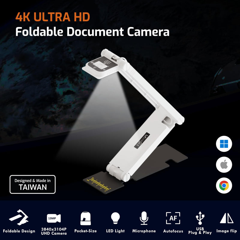 INSWAN INS-Flip 4 4K USB Portable Document Camera/Webcam/Visualiser—13MP Ultra HD, Foldable Design, Auto Focus, Mic, LED, Compatible with Mac OS, Windows, iPad, Chromebook for Distance Learning