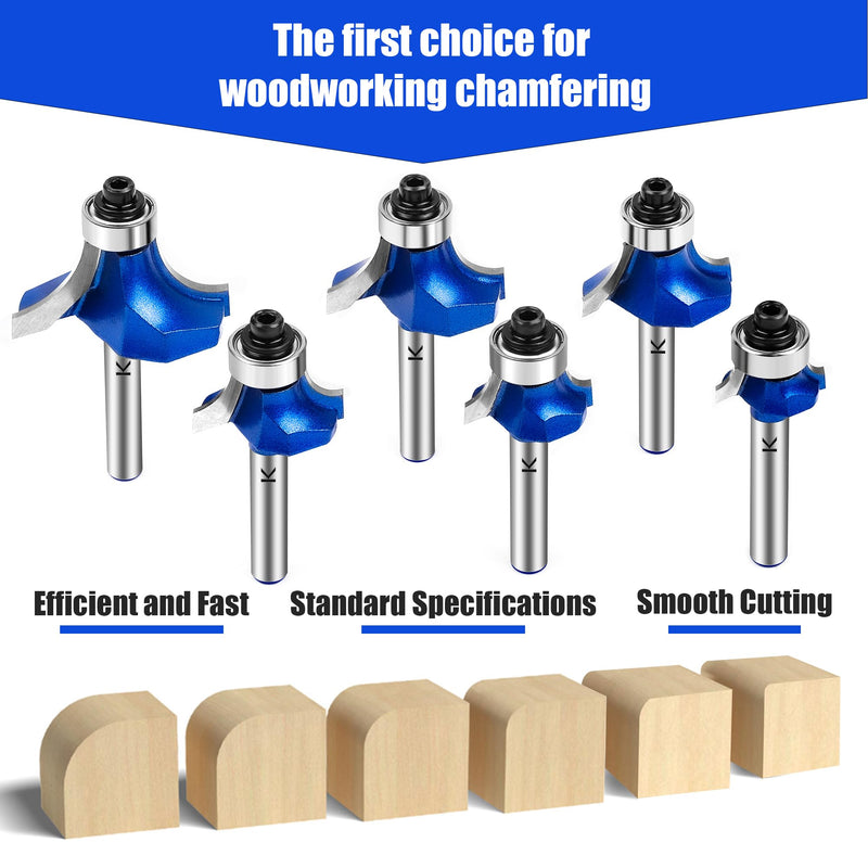 6Pcs Roundover Router Bit 1/4 Shank,Radius in 1/8" 3/16" 1/4" 5/16" 3/8" 1/2",Carbide Tip 2 Flutes Corner Rounding Over Edge Forming Router Bit with Bearing Guide CNC Woodworking Tool 1/8" 3/16" 1/4" 5/16" 3/8" 1/2" Radius 1/4" Shank
