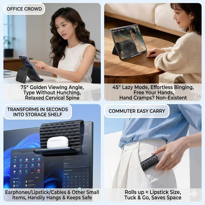 Flexible Silicone Phone Stand with Aluminum Core, Black | Bendable Hanging Cell Holder for Desk, Travel Airplane, Treadmill, Multi-Angle Adjustable Tablet & Lightweight Laptop Stand