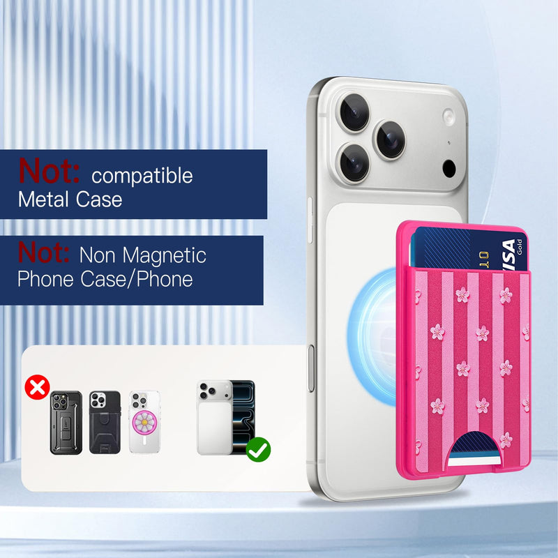 Stronger Magnetic Card Wallet for iPhone 17/16/15/14/13/12 Series | (Not for 13/12 Mini), Stripes Flower Pattern Hard Card Slot Holder Fit 3 Cards Compatible with Magsafe Accessories, Hot Pink Hot Pink (Stripes Flower)