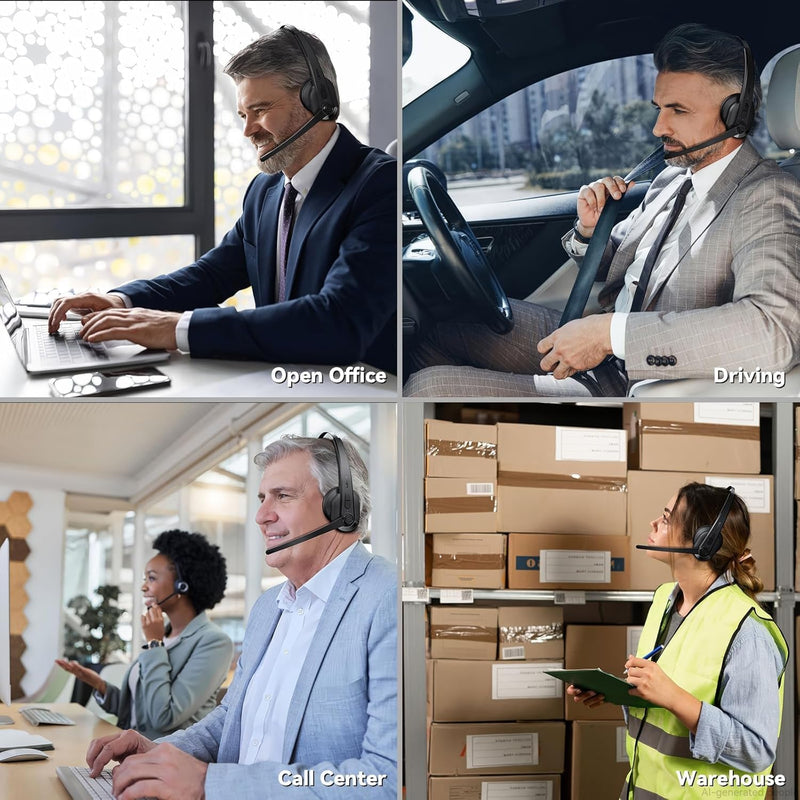 Wireless Headset with Mic for Work, Bluetooth Headset with Microphone(AI Noise Cancelling), Lightweight Comfortable with Mute Button Computer Headset with Microphone for PC/Office/Call Center/ Teams Black