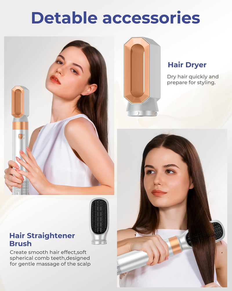 MogaWave Airbrush Pro Hair Styler 6 in 1 Air Styler with Hair Dryer, Blow Dry Hair Brush, H Curler, Magic Airstyler Multi Hair Stylers for Drying and Styling Straightening Volumizing Curling Sleeking Gold