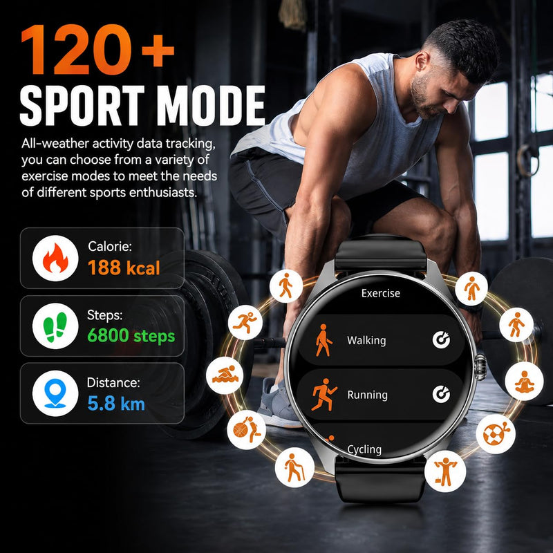 Smart Watches for Men Women, 1.43" AMOLED Display, 7-Day Battery Life, 120+ Sport Modes with Heart Rate Sleep Monitor, Bluetooth Calling, IP68 Waterproof Fitness Watch for iPhone Android (Black) Black