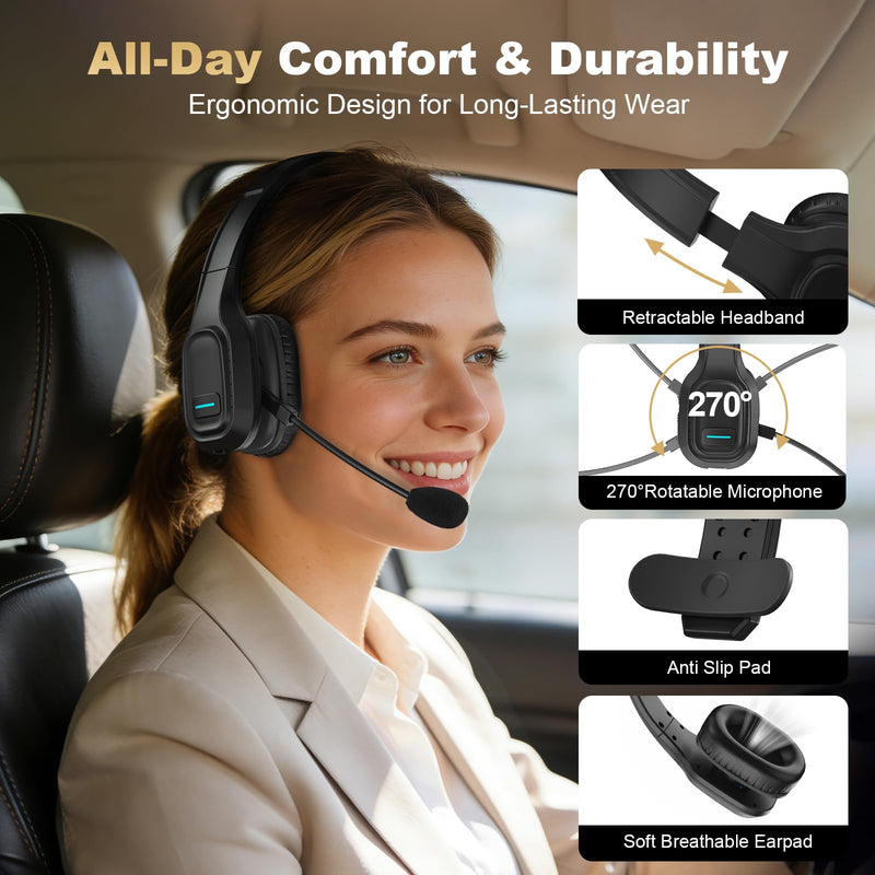 Bluetooth Headset for Truck Drivers, Single Ear Wireless Headphone with Noise Cancelling Mic, Mute Button, Hands-Free Calling, 60H Battery Life for Call Center, Office & Mobile Phone