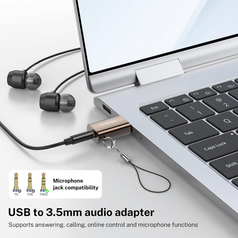 MOSWAG USB to 3.5mm Audio Jack Adapter 2 Pack, USB to Audio Aux Adapter, External Sound Card Converter Compatible with Headset Windows, Desktops, Laptop, Linux, PS4, PC Brown