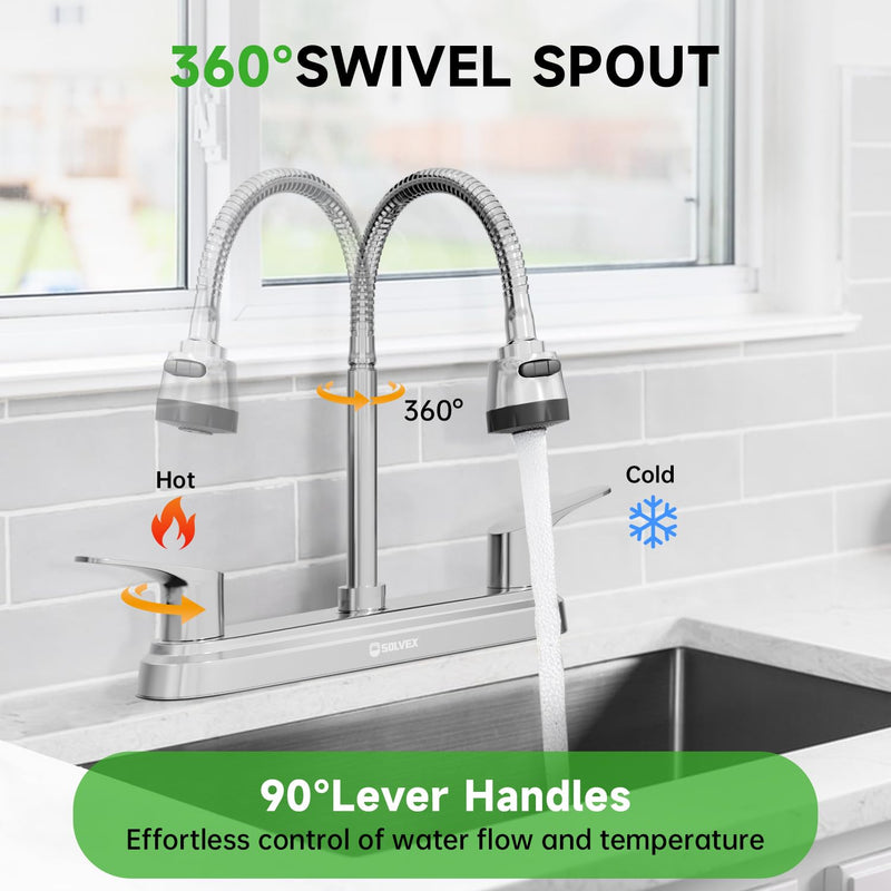SOLVEX 2 Handle Kitchen Faucet，8 Inch High Arch 360 Swivel Stainless Steel Kitchen Sink Faucet，Modern Chrome 3 Hole Kitchen Faucets with Flexible Spout,SP-80013