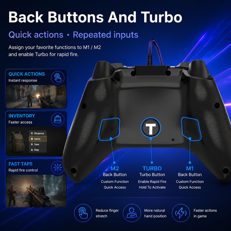 KentroGrip Wired Controller for Xbox Series X|S/Xbox One with TMR Joysticks | Black Wired Gamepad With M1/M2 Back Buttons, Turbo, RGB Lights, Textured Grips, 3.5mm Headset Jack