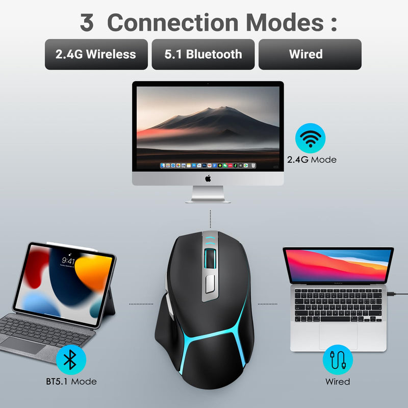 GAMCATZ Bluetooth Wireless Gaming Mouse,12500 DPI RGB Ergonomic Mouse with Tri-Mode (2.4G/USB-C/Wired), Rechargeable Gamer Mice for Computer, Mac, iPad, Laptop & PC (Black) Black