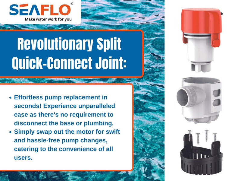 SEAFLO 13B Series 800 GPH Automatic Bilge Pump - 12V,Electronic Sensing Marine Submersible Boat Pump, 18 ft Head, 1 in + 1 1/8 in Outlet, Anti Airlock, Cartridge Motor Design, 4 Year Warranty