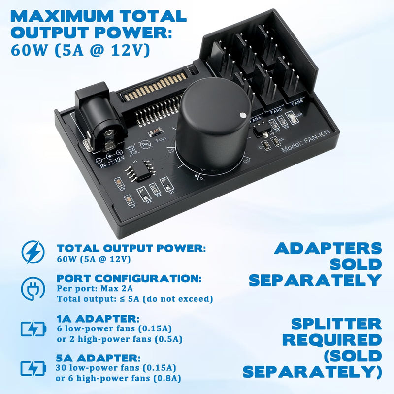 12V 4-Pin PWM Fan Controller, 6 Fans Supported, PC Fan Adapter Hub Adjustable Speed Knob Power Supplied with SATA DC for Fans Cooling