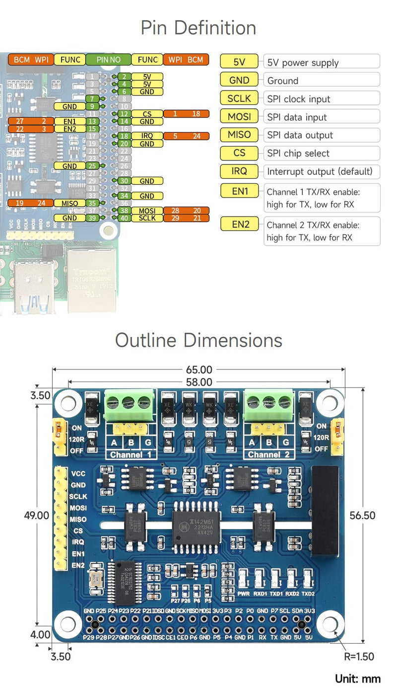 Waveshare 2-Channel Isolated RS485 Expansion HAT, Compatible with Raspberry Pi 5/4B/3B/Zero/Zero W/Zero 2W/Pico/Pico W/Pico WH, SC16IS752+SP3485 Solution with Multi Onboard Protection Circuits