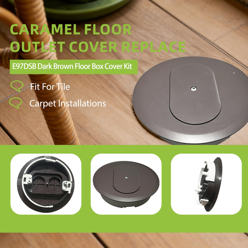 E97DSB Dark Brown Floor Box Cover Kit,Round Floor Duplex Receptacle Flush Mount Cover,Caramel Floor outlet Cover Replace,Fit For Tile and Carpet Installations And More