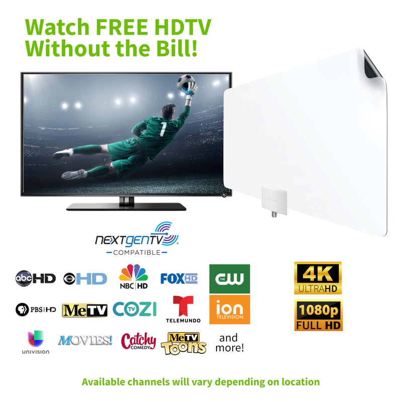 Mohu Leaf Plus Paper-Thin Indoor TV Antenna, Amplified, UHF VHF, 60-Mile Range, Multi-Directional, 4K 8K UHD, NEXTGEN TV - w/ 12 ft. Cable