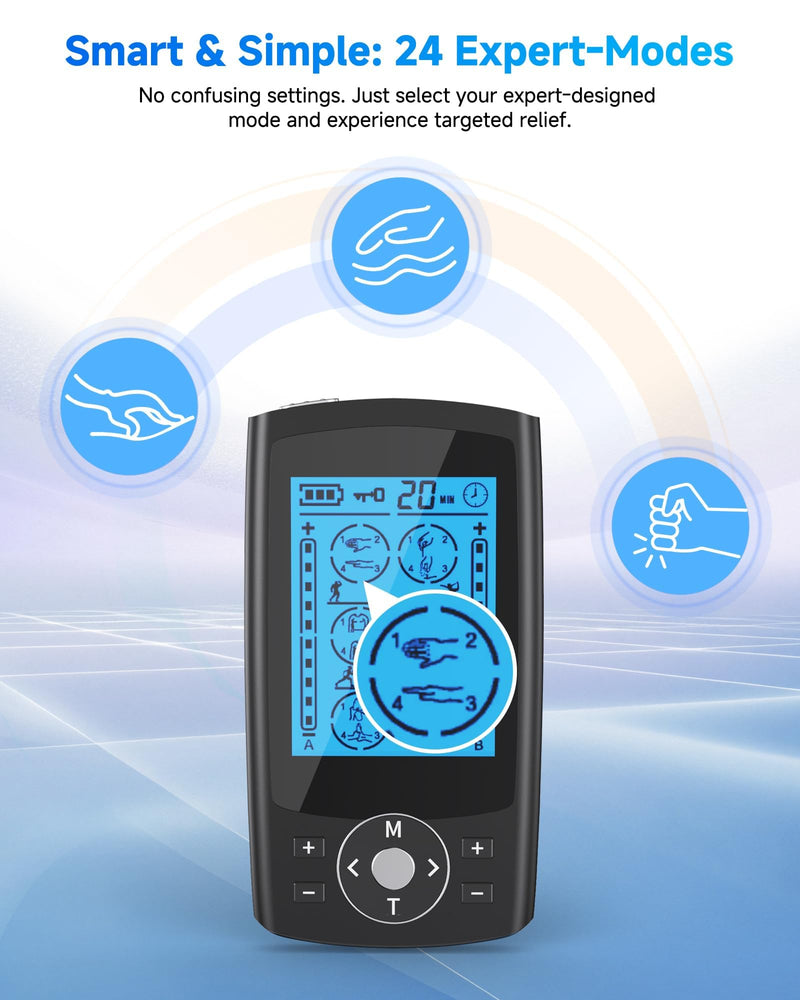 TENS Unit Muscle Stimulator, 24 Modes Dual Channel TENS EMS Machine for Muscle Tension and Back Relief, Rechargeable Pulse Massager with Timer, 6 Upgraded Pads for Neck Shoulder Leg and Knee