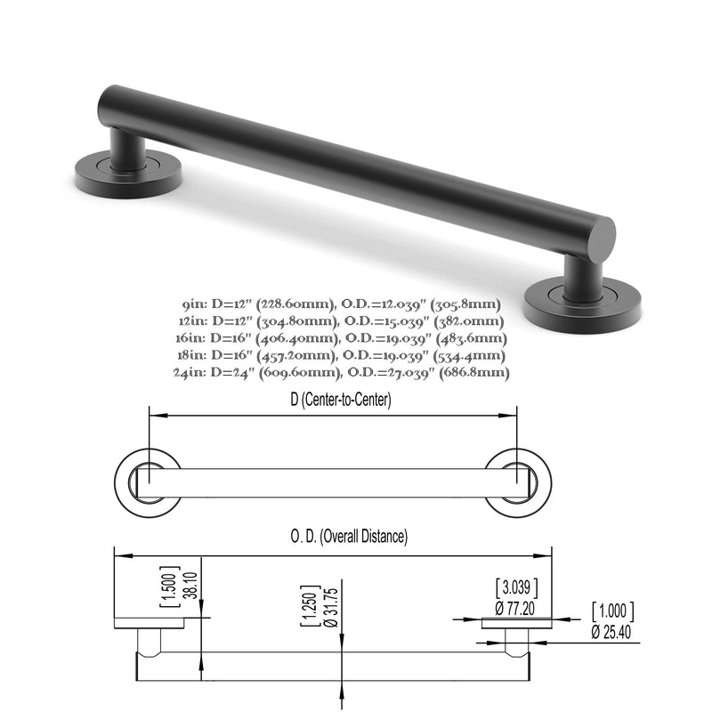 Bath, Shower and Toilet Safety Grab Bar for Seniors and Handicaps, ADA Compliant Mobility Aid Balance Assist Handle, Stainless Steel 9 Inch Matte Black