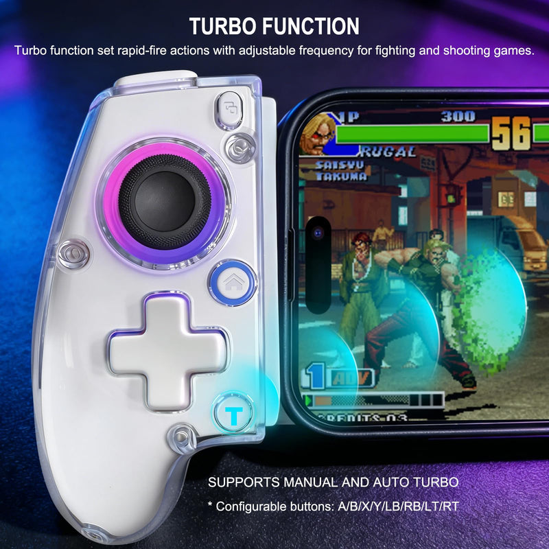 Joso Phone Controller for iPhone (All Model) & Android, Enhanced Grip, Case-Friendly Wireless Mobile Gaming Controller with 7 Color Lights, Turbo, 6-Axis, Dual Vibration