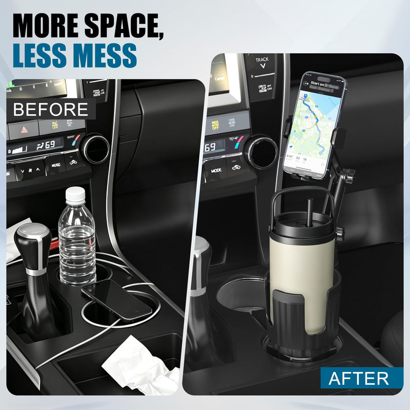 2 in 1 Auto-Clamping Cup Phone Holder for Car, 15W Fast Wireless Charging Cup Holder Phone Mount with USB-C Cable and 12V Car Adapter, Adjustable Car Cup Expander for Large Bottles