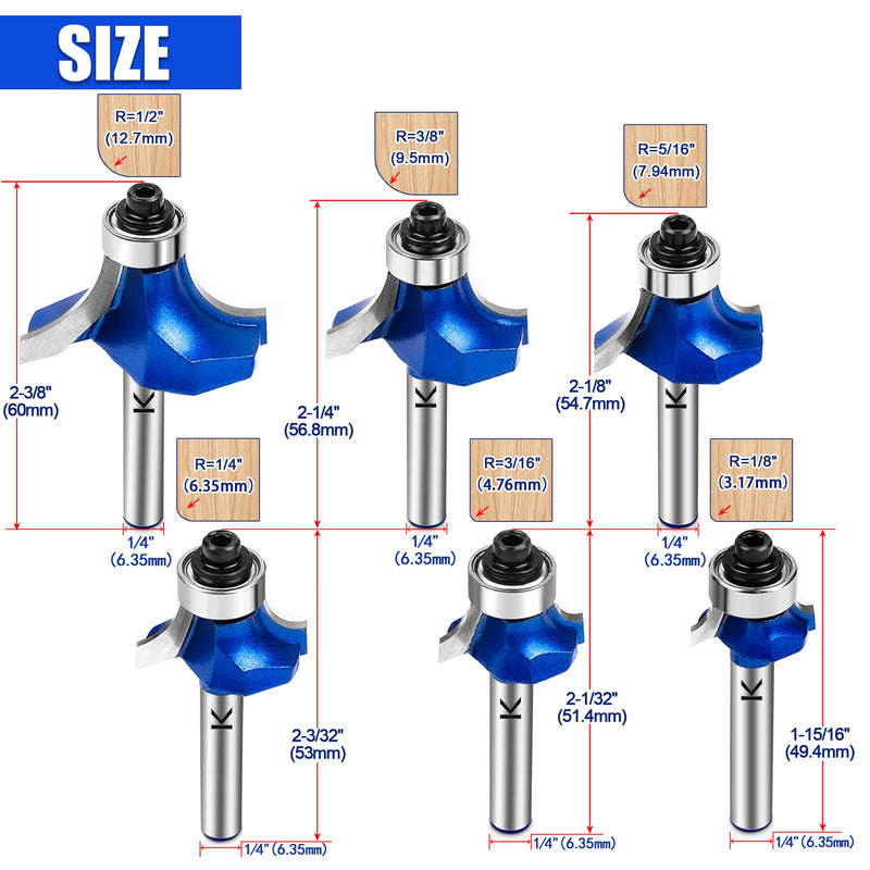 6Pcs Roundover Router Bit 1/4 Shank,Radius in 1/8" 3/16" 1/4" 5/16" 3/8" 1/2",Carbide Tip 2 Flutes Corner Rounding Over Edge Forming Router Bit with Bearing Guide CNC Woodworking Tool 1/8" 3/16" 1/4" 5/16" 3/8" 1/2" Radius 1/4" Shank