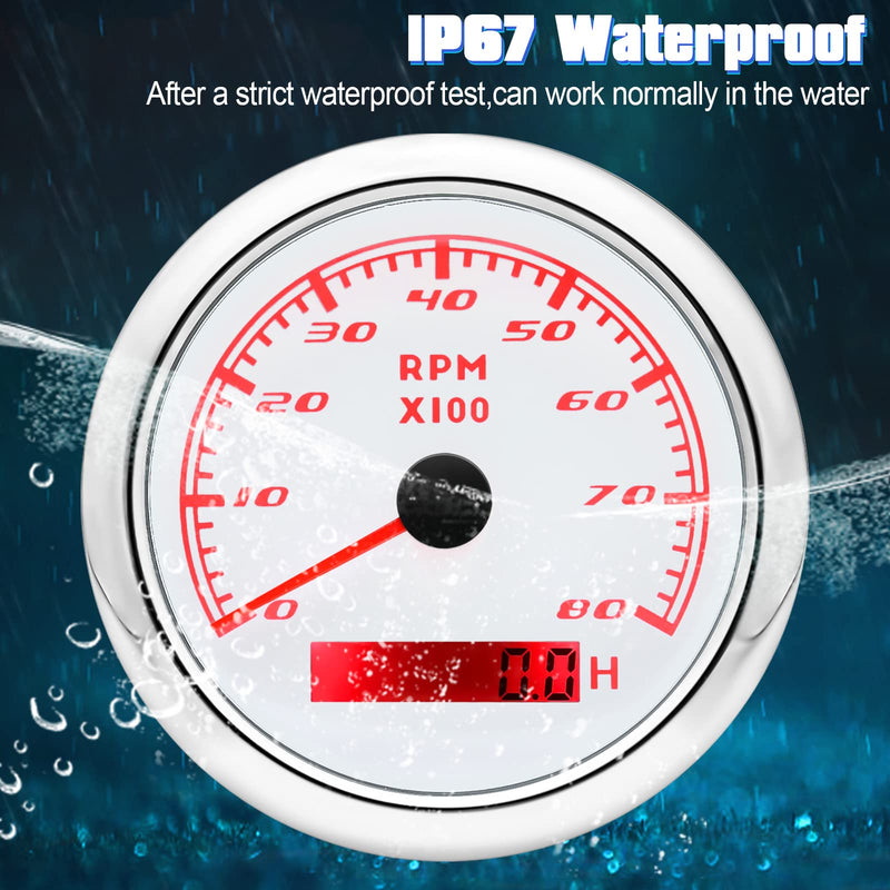 Tachometer Gauge 7 Color 0-8000 RPM Tacho Meter 85mm 3 3/8" for Auto Boat Marine Vehicle for 1-10 Cylinder Diesel and Gasoline Engine（White） White 8000RPM