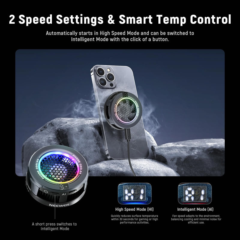 NEEWER BASICS Magnetic Phone Cooler, Low Noise USB Cooling Fan, PA069 | Smart Temp Control, RGB Light, Magnetic Ring & Clip, Compatible with iPhone 15 16 17 MagSafe Samsung iPad, for Gaming