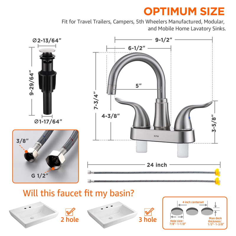KPW Bathroom Sink Faucet 2 or 3 Hole Brushed Nickel Centerset 4 Inch Bathroom Sink Faucet 2 Handle Over ABS Non-Metallic Lavatory Bathroom Faucet with Pop up Drain Water Supply Hoses Two Handle 5121 Brushed Nickel