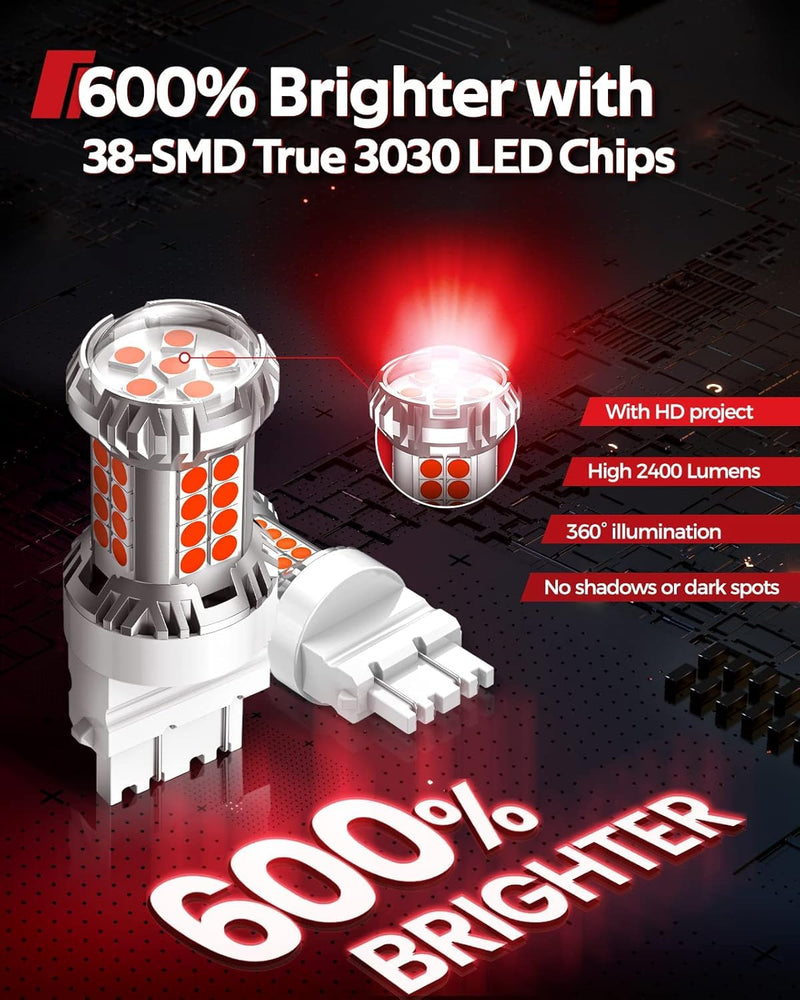 Torchbeam 3157 3156 LED Bulb Tail Brake Lights Red 600% Brighter, 3056 3057 4057 4157 3457 Brake Stop High Mount Stop Tail Taillights for Cars, Non-polarity, 3030 38-SMD, Pack of 2 3157/3156