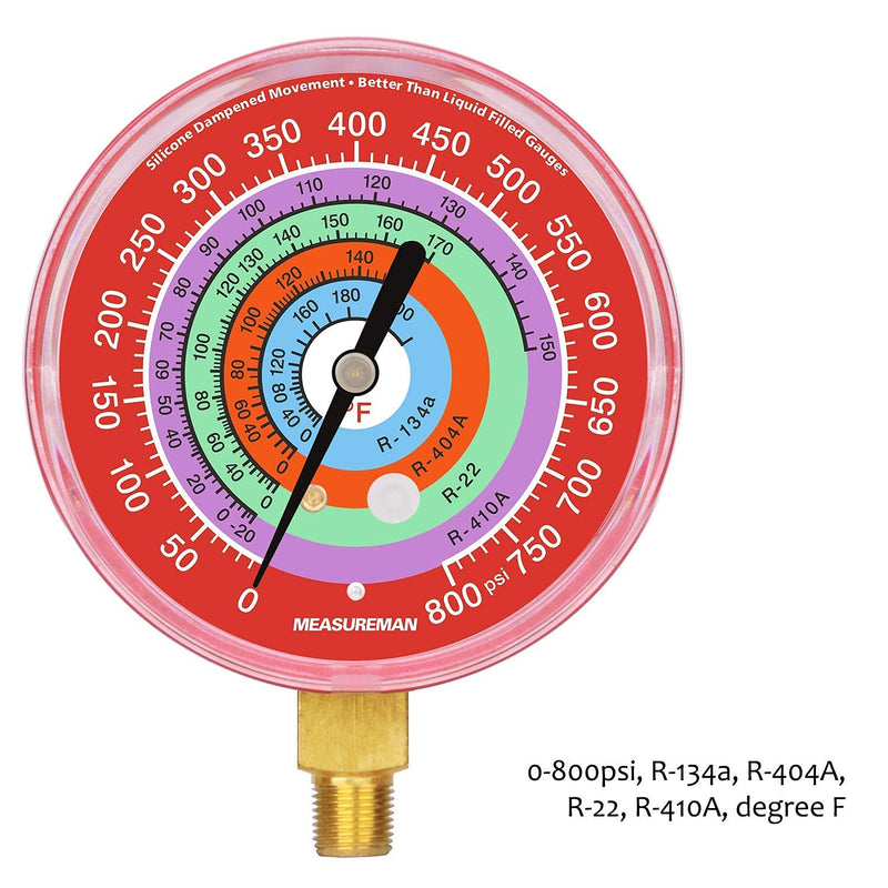 Measureman Refrigeration Pressure Gauge Kit, 3-1/8" Dial, Blue Dial & Red Dial, 1/8" NPT Lower Mount, 30inHg-0-250psi, 250-500psi & 0-800psi 3-1/8" Dial (Red & Blue Kit)