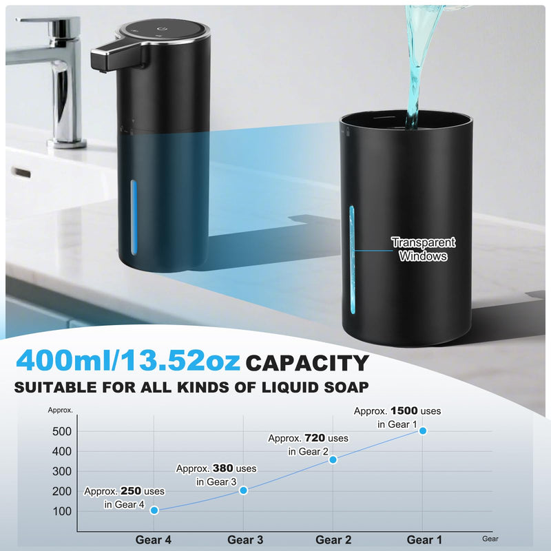 Automatic Soap Dispenser Liquid Touchless: 13.52oz/400ml Wall USB Rechargeable - 4-Level Adjustable Modern Electric Hand Soap Dispenser - Kitchen Bathroom Kids Family Black Black Gel Typ