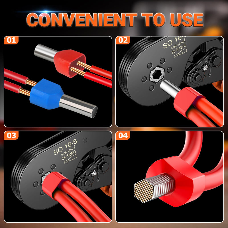 Ferrule Crimping Tool Kit, Preciva Upgrade Double & Single Ferrules Connectors,16-6 Hexagonal Ratchet Jaw Wire Crimping Pliers AWG 28-5 (0.08-16mm²) with 1200PCS Terminal Connector Sleeves CP94120