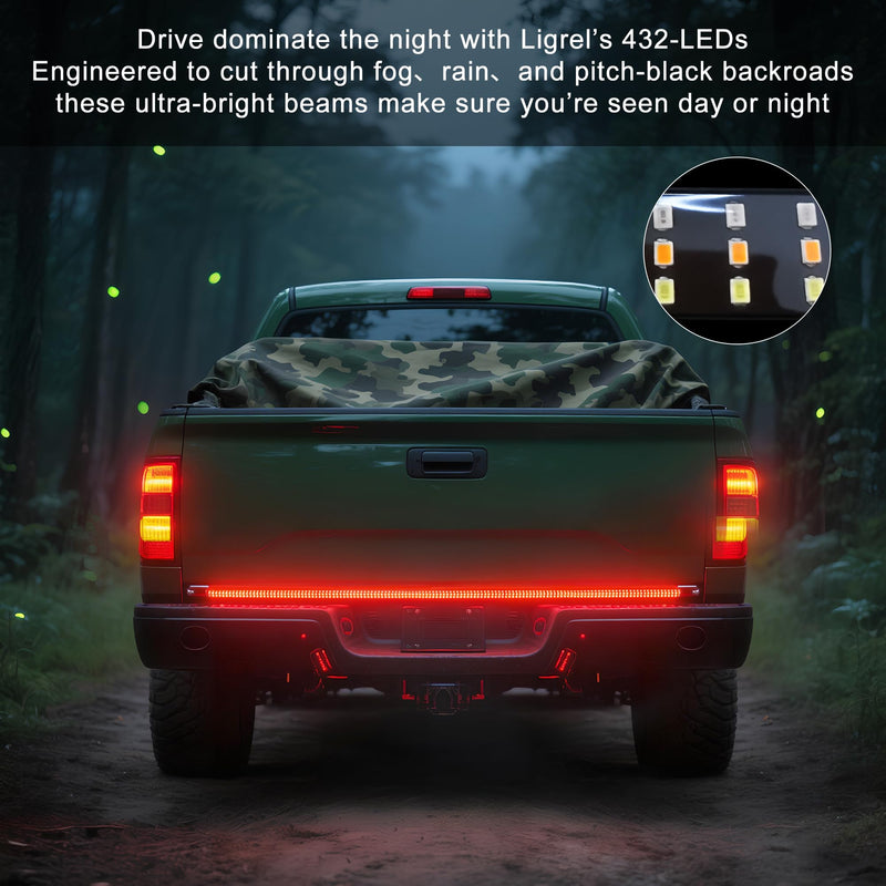 60" Truck Tailgate Light Bar - 432 LED Triple Row Strip with Red Brake/White Reverse/Yellow Turn Signals, Sequential & Strobe Effects, Waterproof Silicone for Pickup Trucks, SUVs, Trailers 60" Tailgate Light Strip 432 LEDs