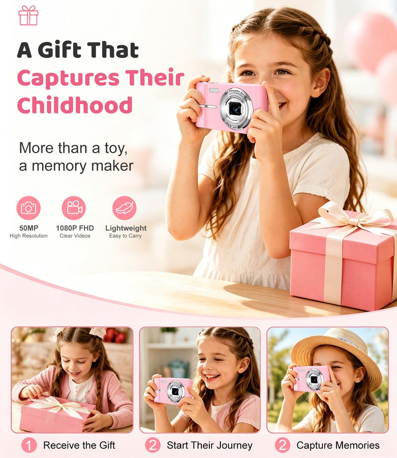 Pink Digital Camera, 50MP FHD 1080P Portable Point and Shoot Camera, Small Digital Camera with 16X Digital Zoom, Anti-Shake Vlogging Device for Daily Life, Travel, Kids, and Beginners Pink