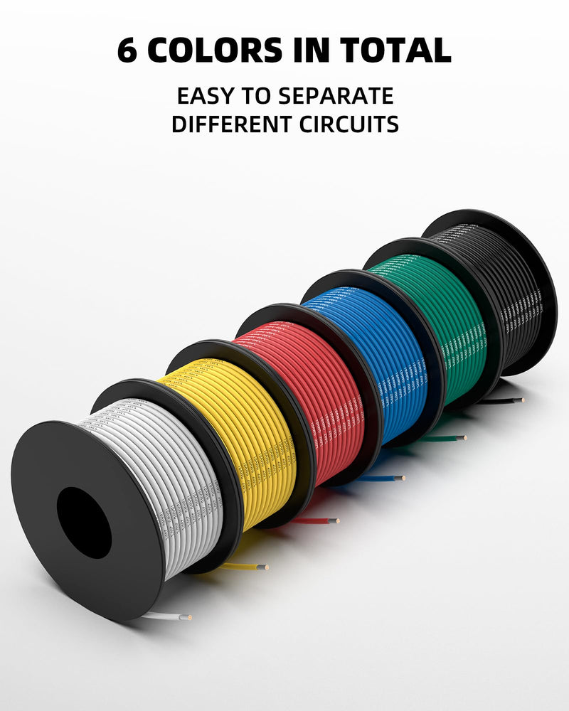 NAOEVO 18 Gauge Wire 180ft, 18 AWG Wire 6 Colors 30ft Each Spool, Flexible Silicone Tinned Copper Electrical Cable, Wiring kit for Breadboard/Automotive/DIY/Battery, 200℃ 18AWG